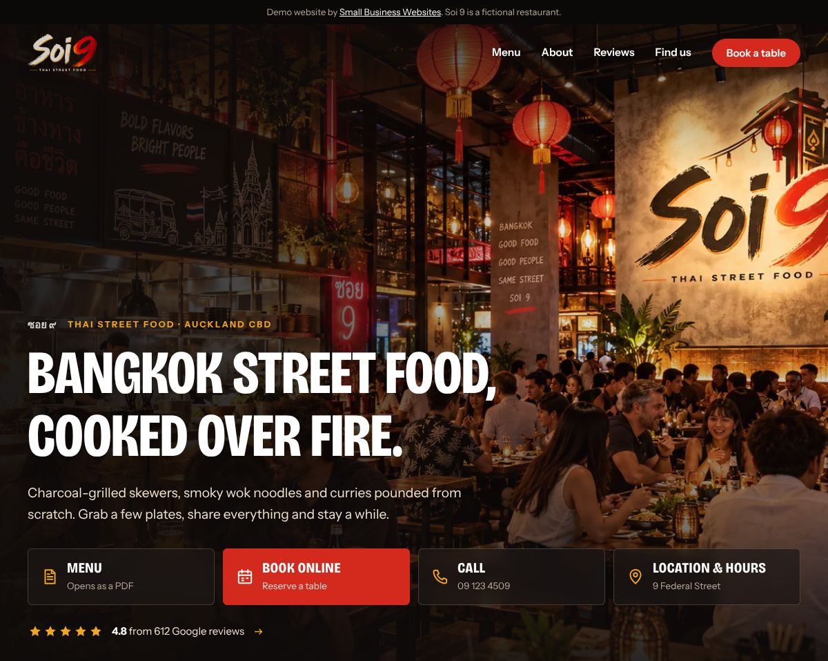 Soi 9 Thai Street Food homepage with a ‘Bangkok street food, cooked over fire’ headline over a busy restaurant, and buttons for the menu, booking, calling and location